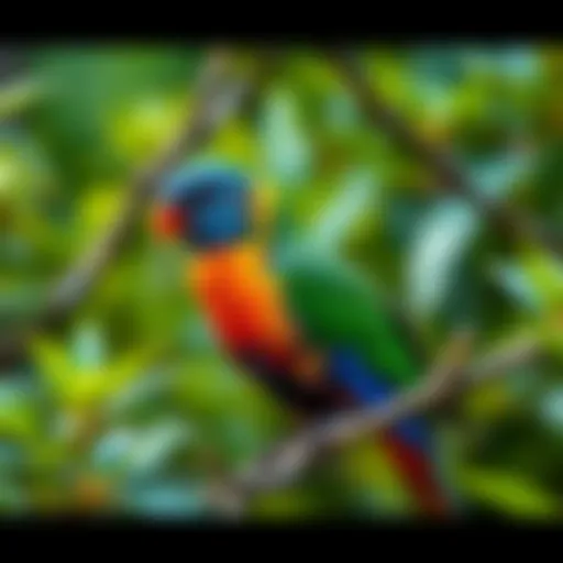 Unique Bird in Its Habitat A colorful bird perched on a branch surrounded by lush greenery, showcasing its distinct features and vibrant colors.
