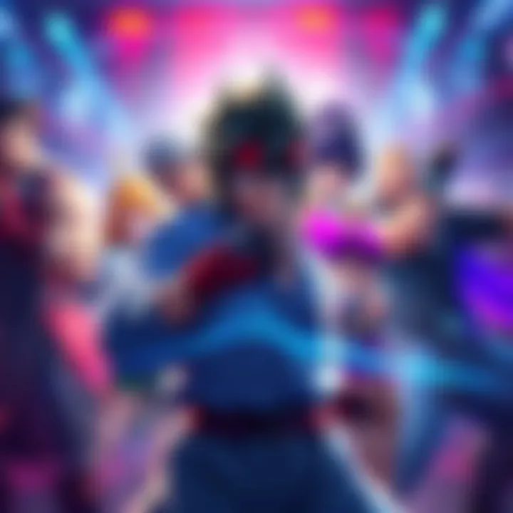 Various customizable fighter characters showcasing different designs in a vibrant setting