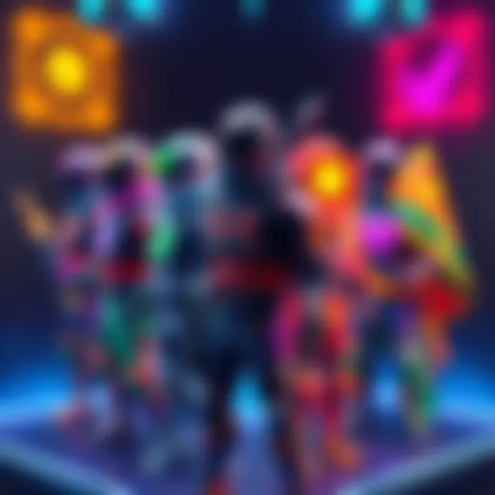 A selection of unique gaming skins displayed on various characters, showcasing colorful designs and creative patterns.