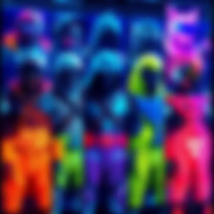 Various unique gaming skins showcased with bright colors and designs