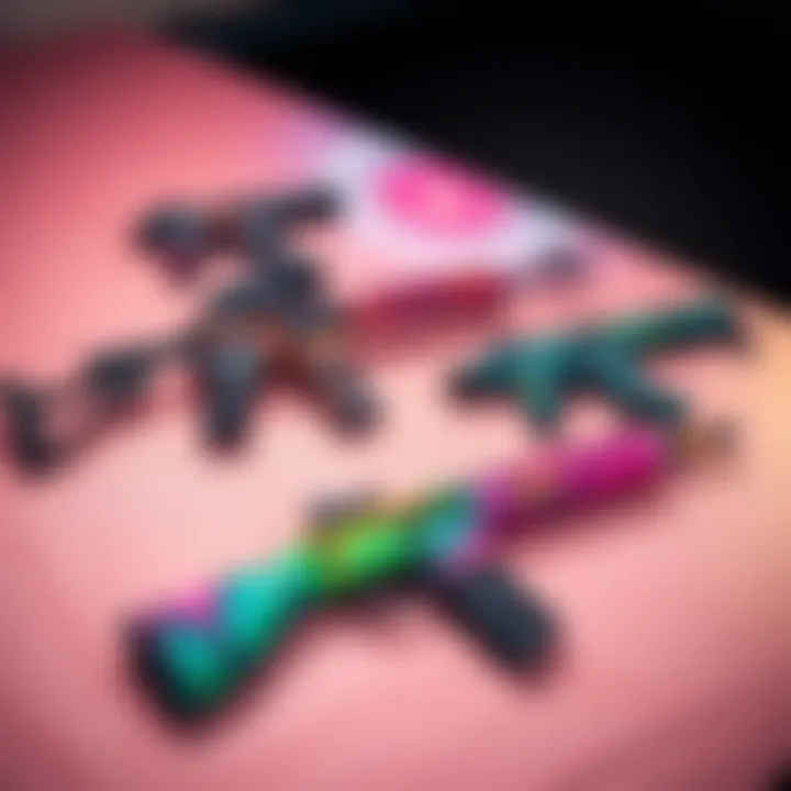 A display of various unique gun patterns and skins, showcasing designs like Stiletto Tie Dye and Tec-9 Tie Dye, with artistic styles appealing to weapon enthusiasts.