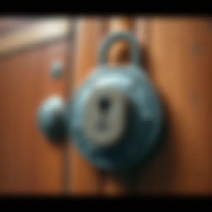 A close-up view of a unique lock on a wooden door, showcasing its unusual design and security features.