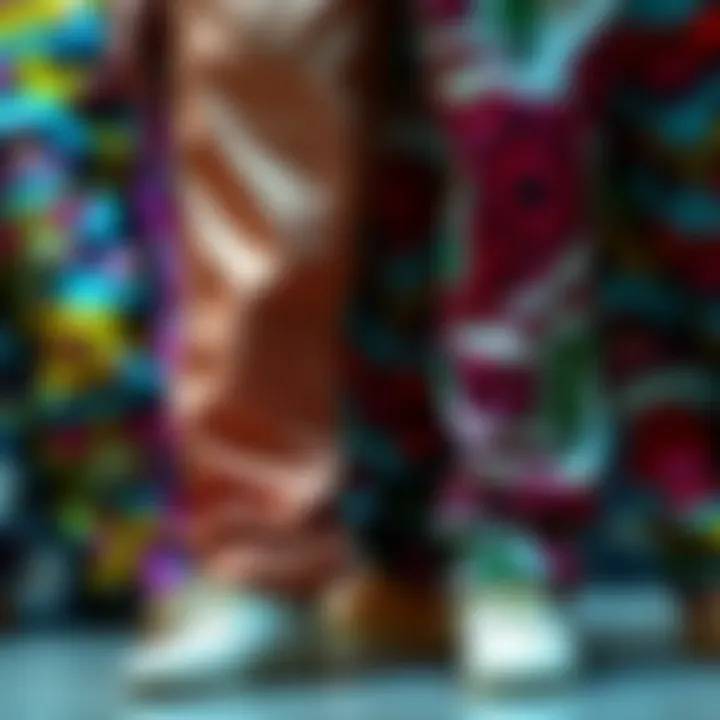 A close-up view of distinctive pants with unusual patterns and colors, showcasing their unique style.