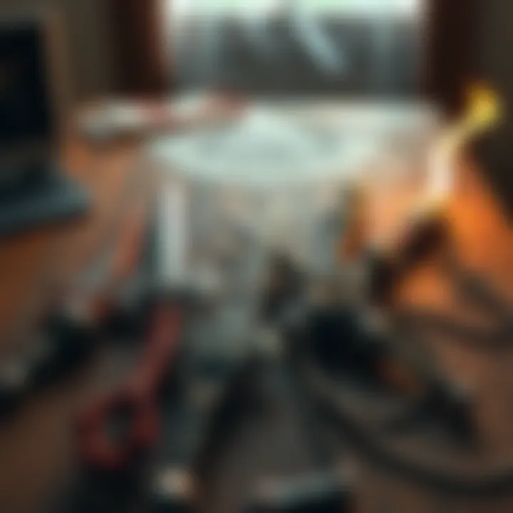 A variety of unique RPG weapons including chakrams and chain whips on a wooden table, showcasing their intricate designs.