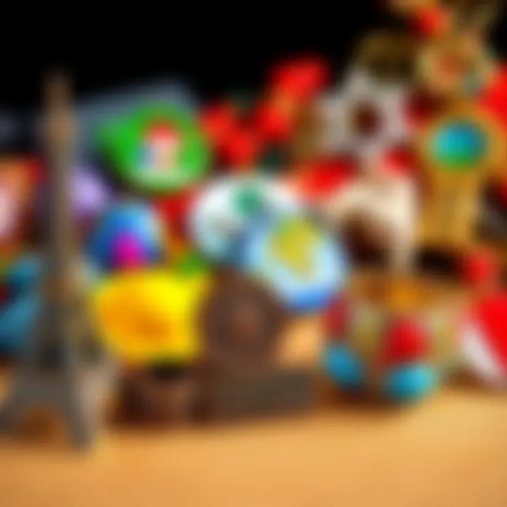 Unique Travel Souvenirs A collection of unique souvenirs from various destinations, including a miniature Eiffel Tower, colorful fridge magnets, and handcrafted jewelry, displayed together.