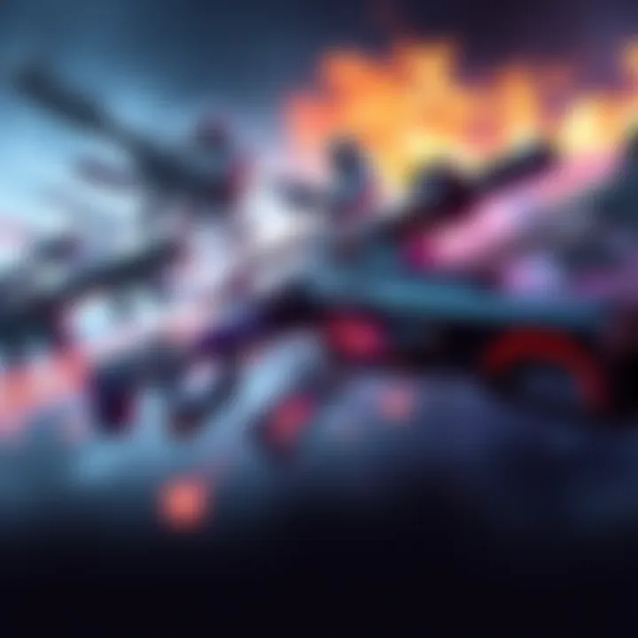 A vibrant collage of various unique weapons from popular video games, highlighting their design and impact on gameplay.