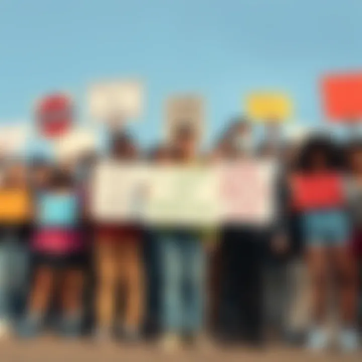 A diverse group of individuals standing together with signs, showing support for various causes, symbolizing unity in advocacy.
