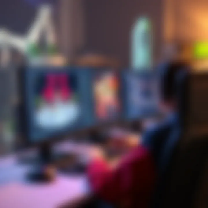 Unity game development scene A person working on a computer with Unity software, creating a game environment with colorful graphics and code on the screen