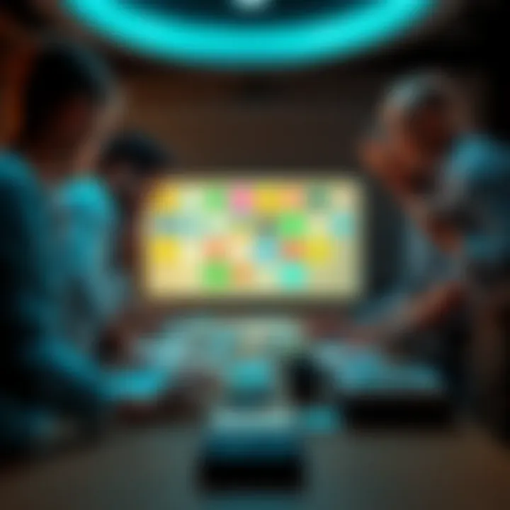 A diverse group of people discussing and analyzing unknown icons on a table