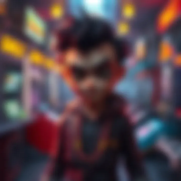 A mysterious character stands in a game gallery, capturing the attention of players, with a curious expression and unique design.