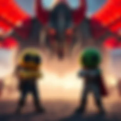 A quirky duo stands together, arms crossed, facing a large menacing final boss in the background, ready to defend their world.