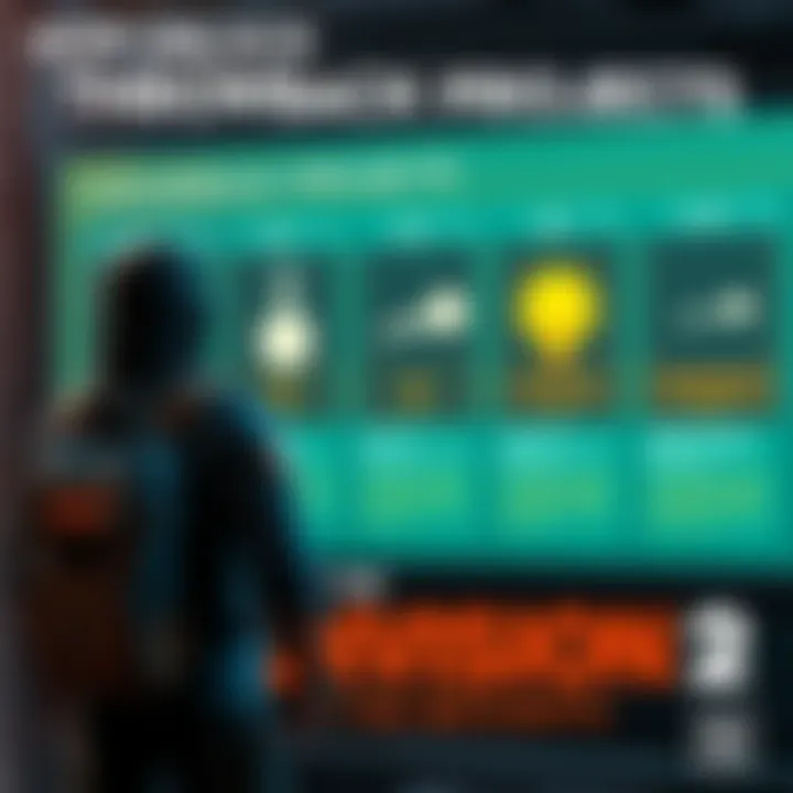 A gamer character stands in front of a mission board showing Throwback Projects in The Division 2, looking determined to unlock them and get the momento backpack.