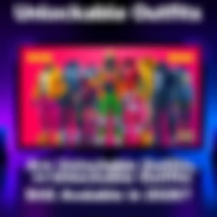 Unlockable Outfits in Gaming A collection of colorful unlockable outfits displayed on a gaming console screen, showing various styles and designs.