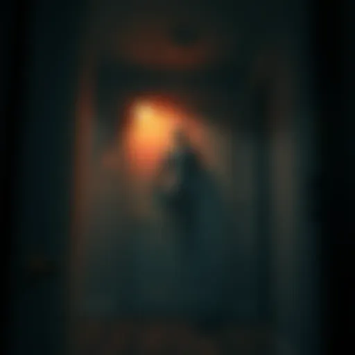 A view of a dimly lit room with one door slightly open, revealing a lifeless figure hanging from the ceiling, creating a scene of shock and confusion.