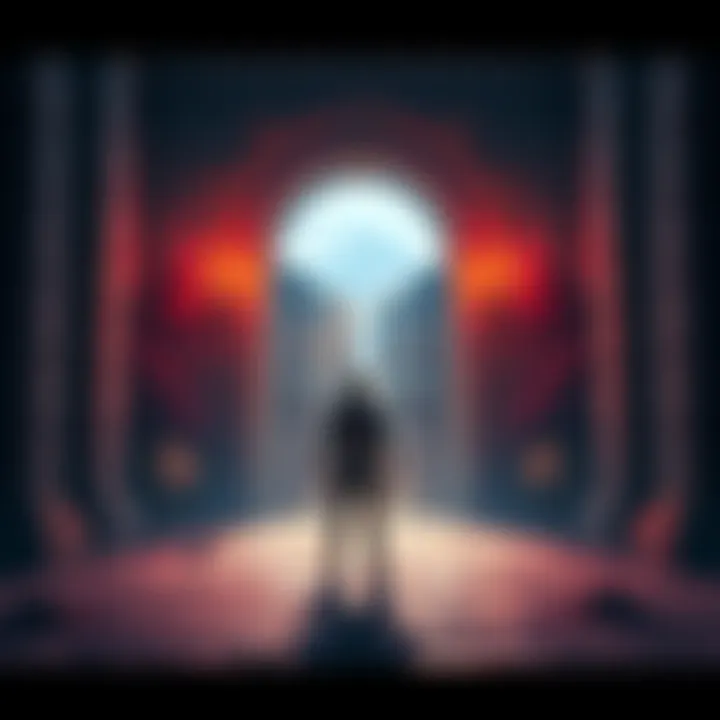Unlocking the Final Room A player character standing before a door leading to the final room, avoiding a boss fight in a mystical game setting