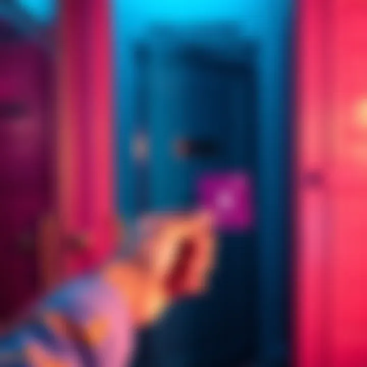 A person holding a purple key card in front of a locked door, excited to enter the Confiscation Room.