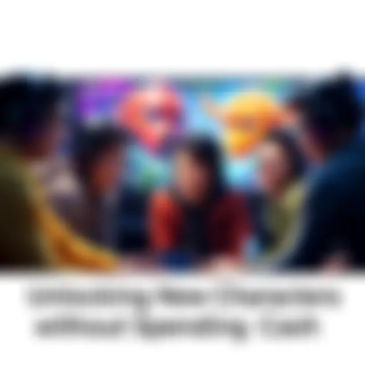 Group of gamers discussing strategies to unlock new characters in a game, with a colorful game interface in the background.