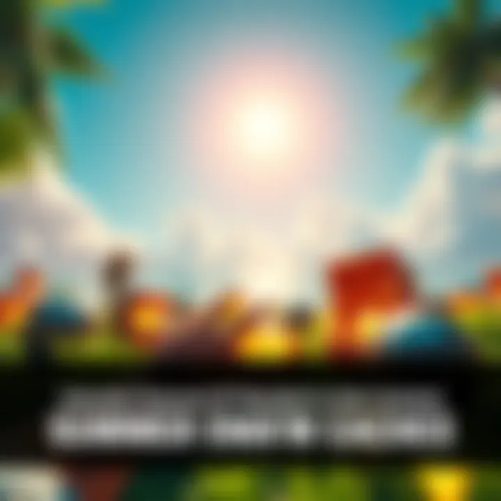A vibrant summer scene with a character reaching for glowing summer swarm caches filled with bright treasures and seasonal XP points, under a sunny sky.
