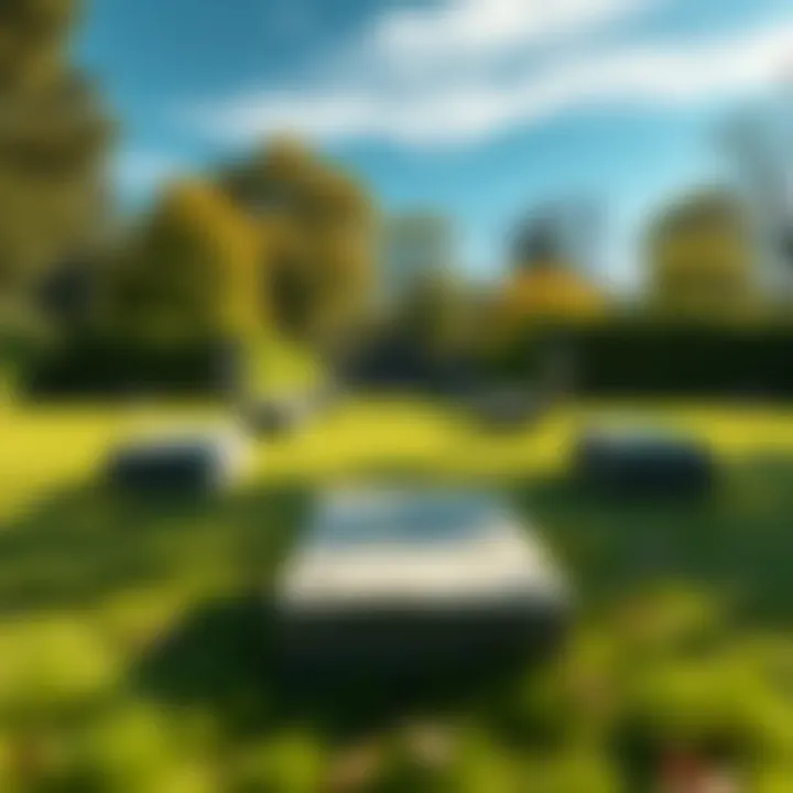 A view of several unmarked stone slabs laid out across grassy ground at the abbey site with trees in the background.