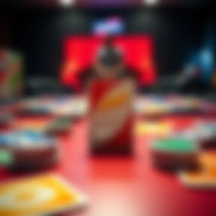 A vibrant Uno reverse card placed on a game table surrounded by colorful cards, showing a lively game atmosphere.