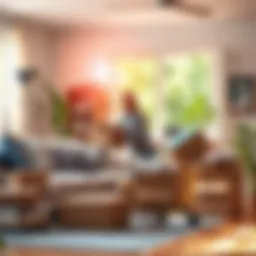 A person unpacking boxes filled with unexpected items in a bright living room