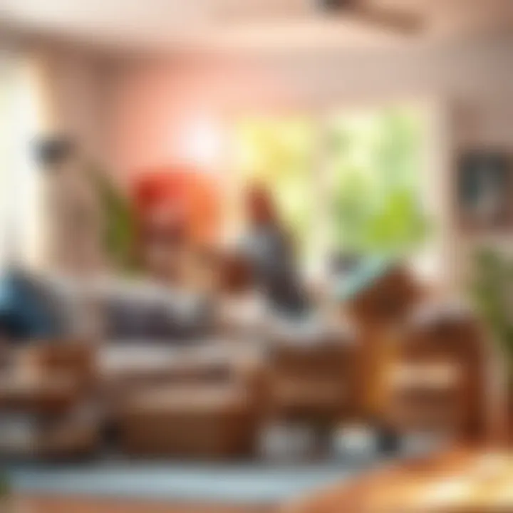 A person unpacking boxes filled with unexpected items in a bright living room