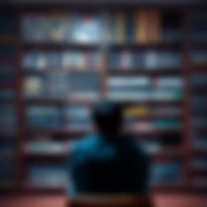 A player sits in front of a shelf filled with unplayed video games, contemplating which game to start first.