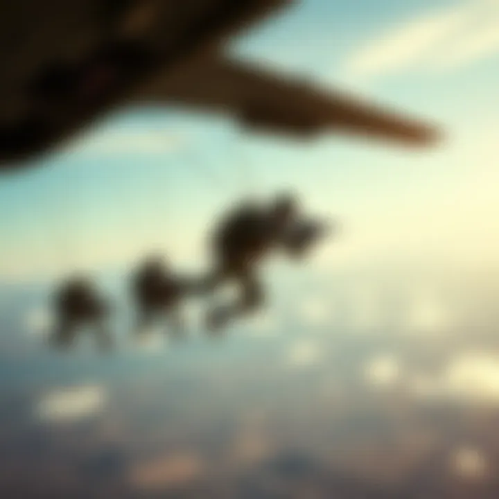 UNSC Army Airborne soldiers parachuting from an aircraft, showcasing their bravery and commitment to global security.