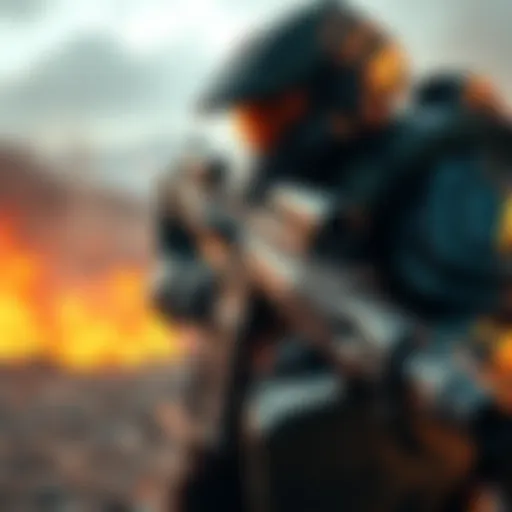 A soldier using the UNSC commando rifle on a battlefield, showcasing its design and utility before the battle rifle era.