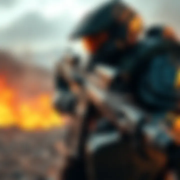 UNSC Commando Rifle in Action A soldier using the UNSC commando rifle on a battlefield, showcasing its design and utility before the battle rifle era.