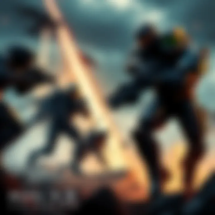 A dramatic scene showing UNSC soldiers engaging with Covenant aliens in a fierce battle, showcasing their contrasting armor and weapons in a war-torn environment.