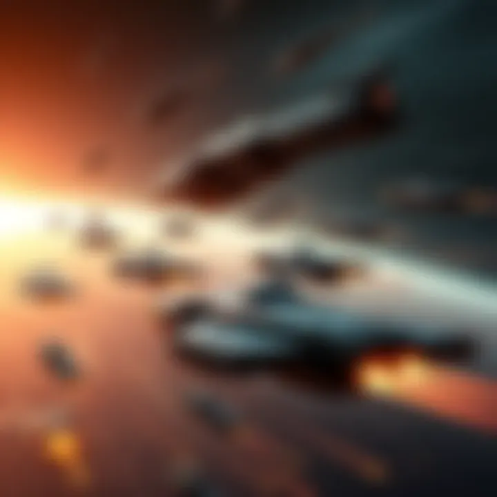 A fleet of over 185 UNSC ships maneuvering stealthily to avoid detection and attacks during the Battle of Boundary, showcasing military tactics and strategy.
