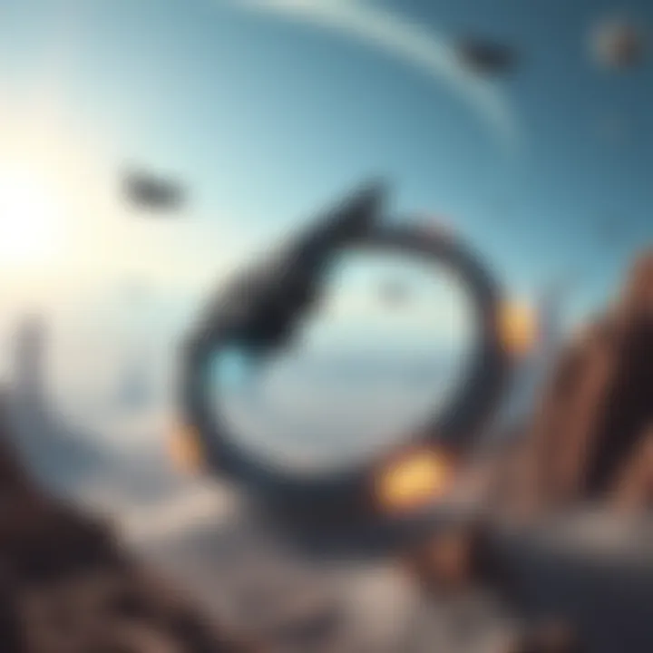 A depiction of a UNSC ship crashing onto the Halo ring, surrounded by alien landscapes and structures.