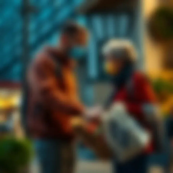 A person in casual clothes assisting an elderly neighbor with groceries, showcasing everyday heroism