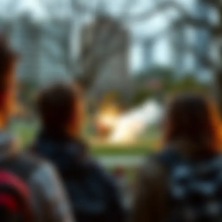A group of people looking surprised at an unexpected event happening in a city park.