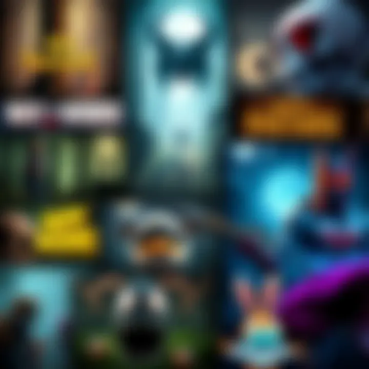 A collage of various video game artwork showcasing upcoming titles like 'Way to the Woods' and 'Happy Bastards', with diverse visuals including eerie forests and colorful characters.