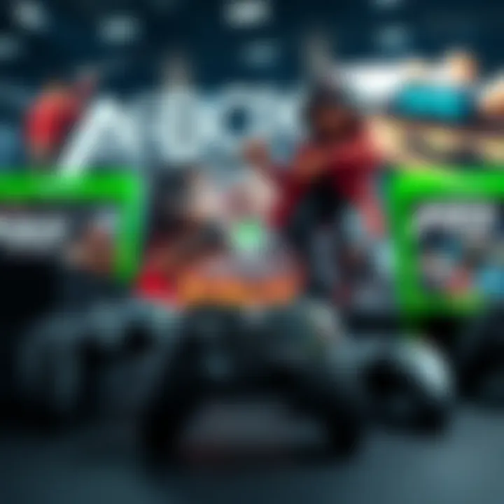 Array of Xbox games including Tony Hawk Pro Skater and Grounded 2 with gaming consoles in the background