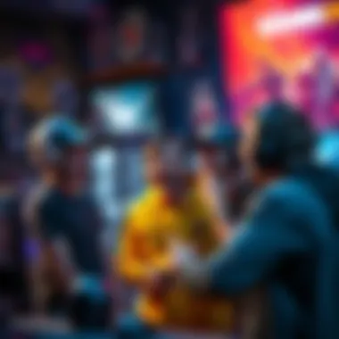 A group of gamers eagerly discussing the features of a new game, showcasing their enthusiasm with gaming gear and posters in the background.