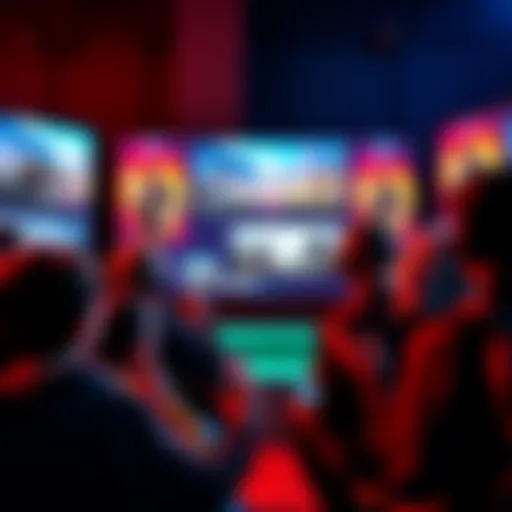 A group of excited gamers discussing new video games in front of a large screen displaying game trailers.
