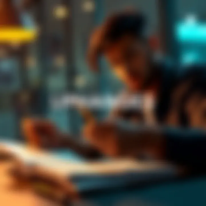 A person reading a news article with a notebook and a pen, looking focused and engaged.