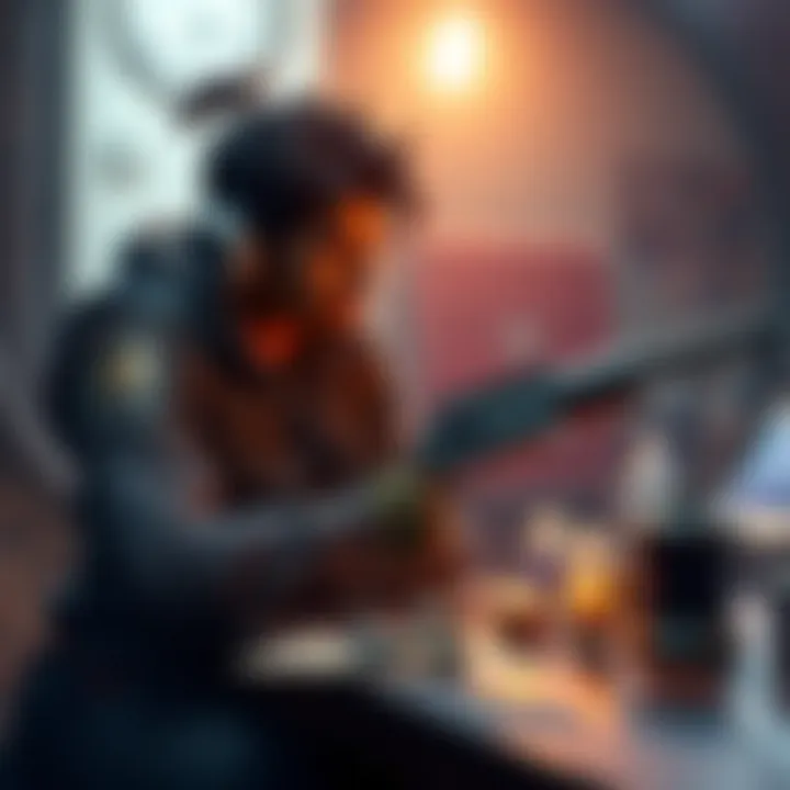 A character upgrading a weapon at a crafting station, with resources and enhancements visible on the table.