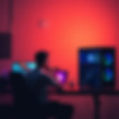 A person sits at a desk comparing a laptop and a gaming PC, planning an upgrade