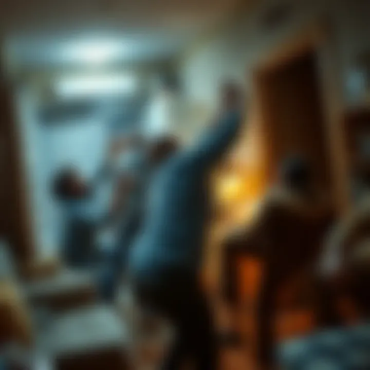 A chaotic scene showing multiple people in a heated altercation inside an apartment, reflecting tension in urban living.