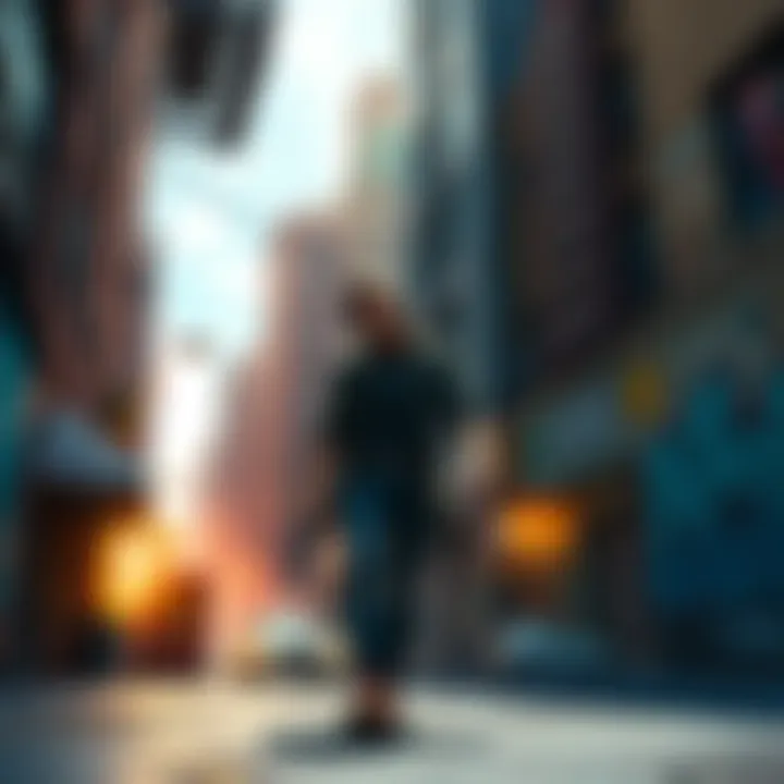 A character exploring a vibrant urban setting with tall buildings, graffiti, and action elements, inspired by classic games like Duke Nukem 1.
