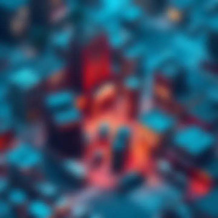 A detailed game base layout inspired by a bustling city center, featuring multiple buildings and vehicle piles in a town intersection.