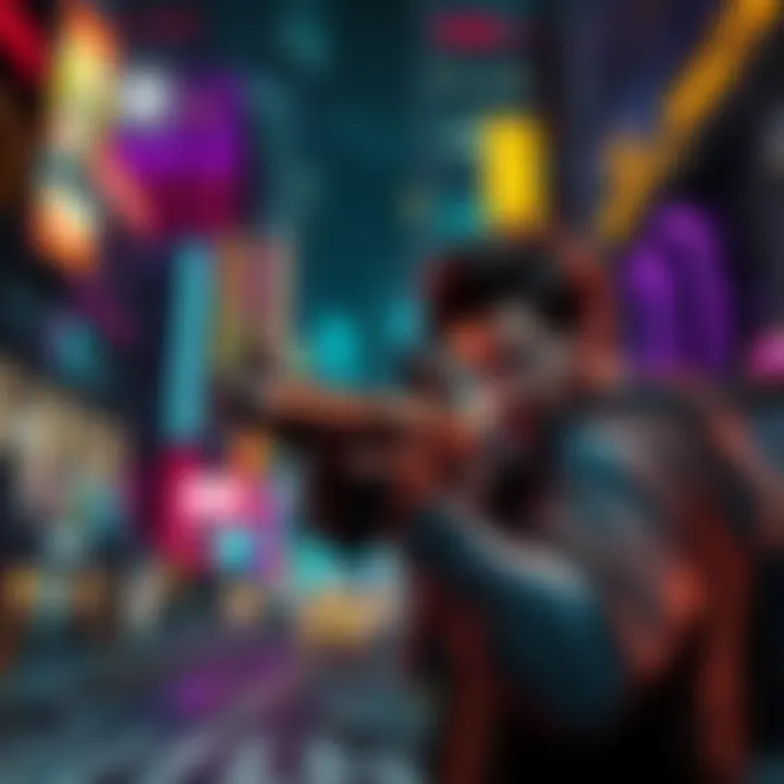 A character in a city environment aiming a gun, with buildings and neon lights in the background