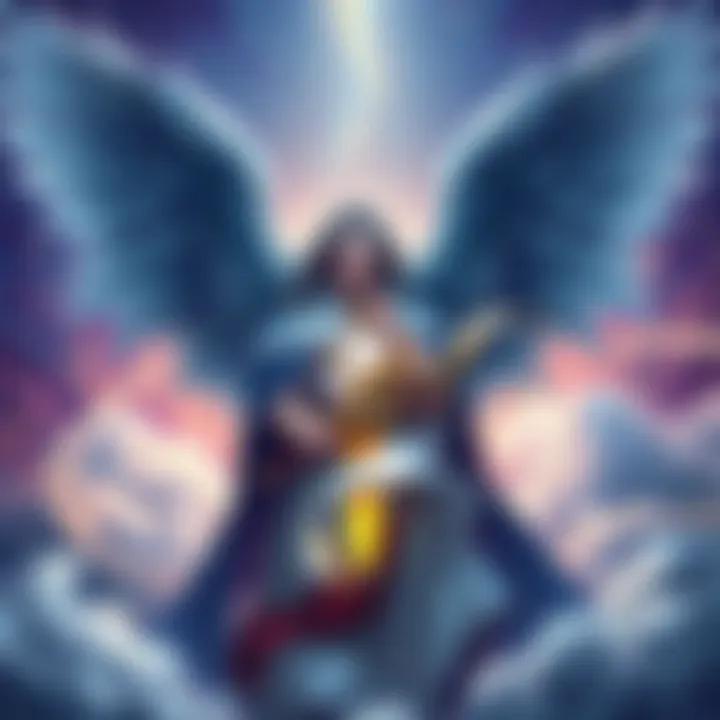 A depiction of Uriel with wings, holding a glowing sword and scroll, surrounded by clouds.