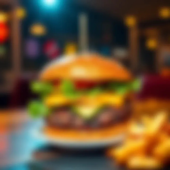 A close-up of a UroBurger served on a plate, garnished with lettuce and tomato, with a side of fries.