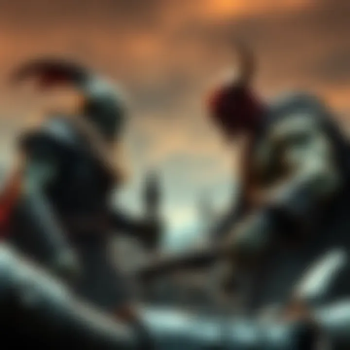 A scene showing an Uruk and an Orc facing each other in a battle stance, with a dark fantasy landscape in the background.