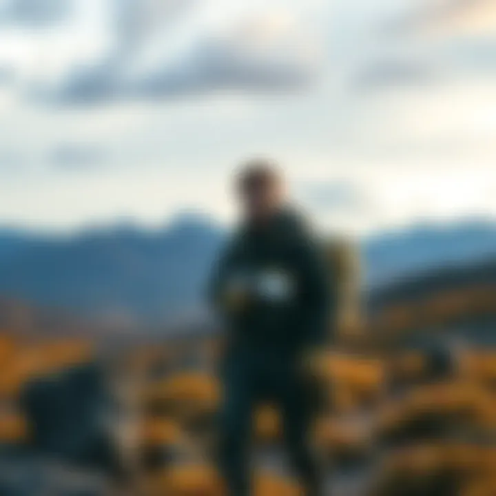 Usada Pekora dressed as a prepper character in a rugged landscape, holding supplies, with a backdrop of distant mountains and a cloudy sky.